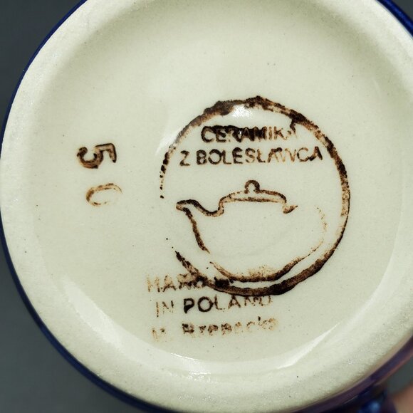 Polish Pottery Peacock Leaves Mug Peacock Blue Circles Green Stripes Mugs - Picture 7 of 7